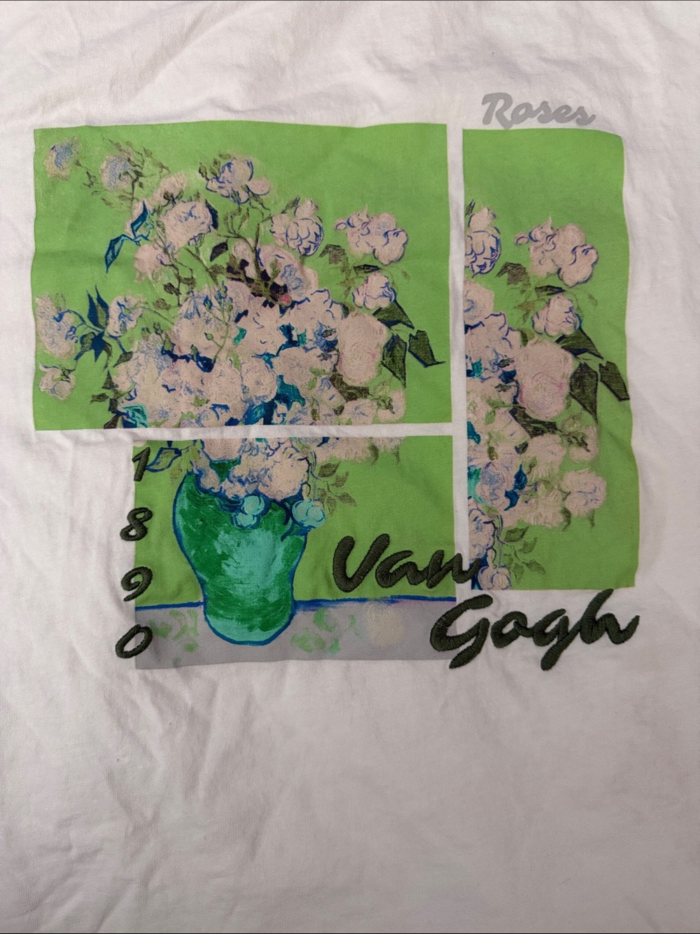 Primark White Tee with Green Floral Panel and Pink Accents